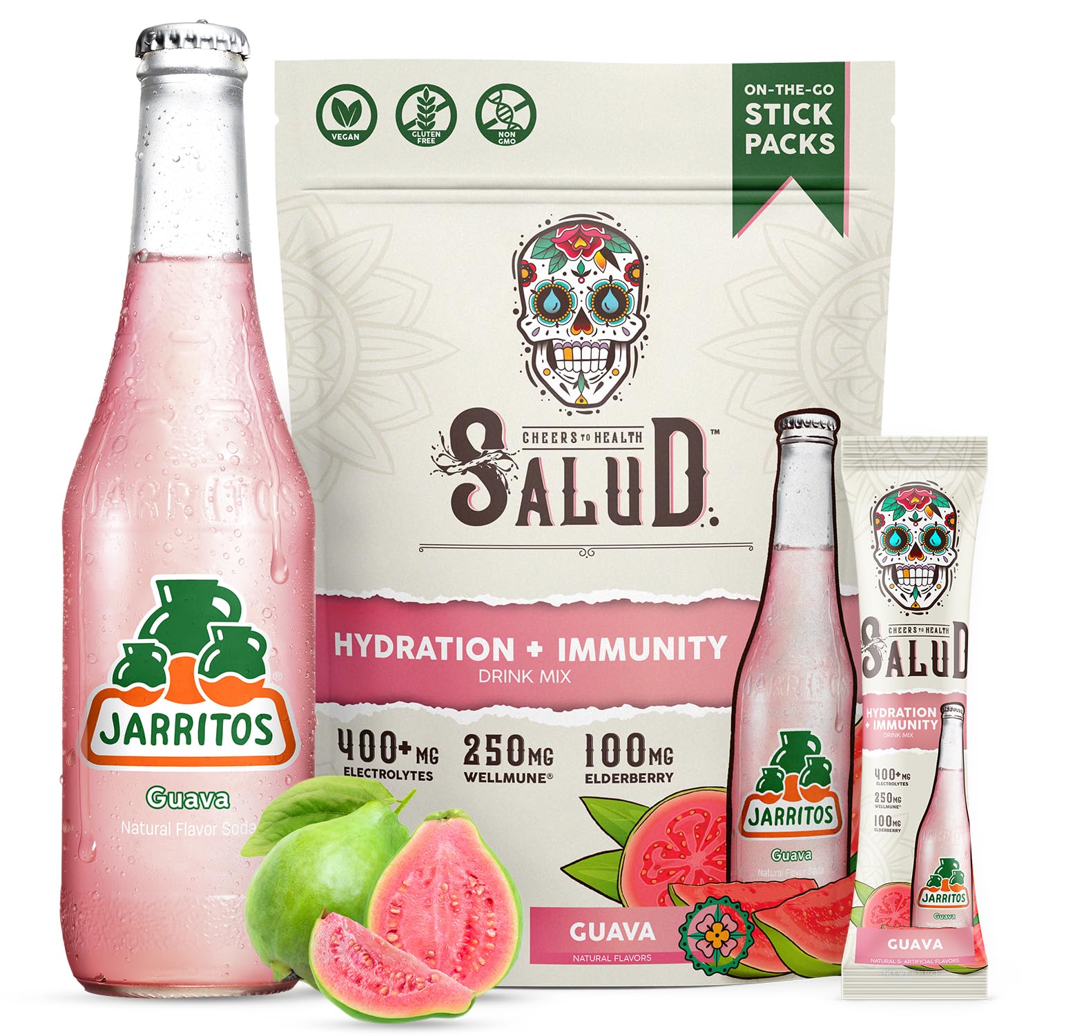 Pochette Salud x Jarritos Hydratation 2-en-1 goyave, pratique en déplacement.