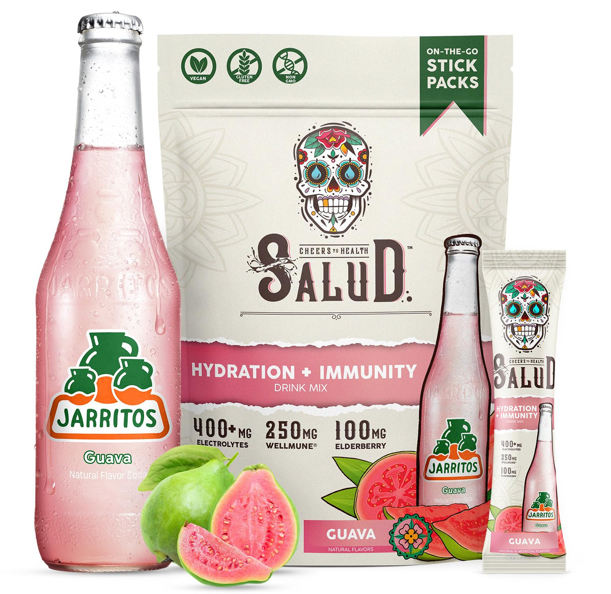 Pochette Salud x Jarritos Hydratation 2-en-1 goyave, pratique en déplacement.