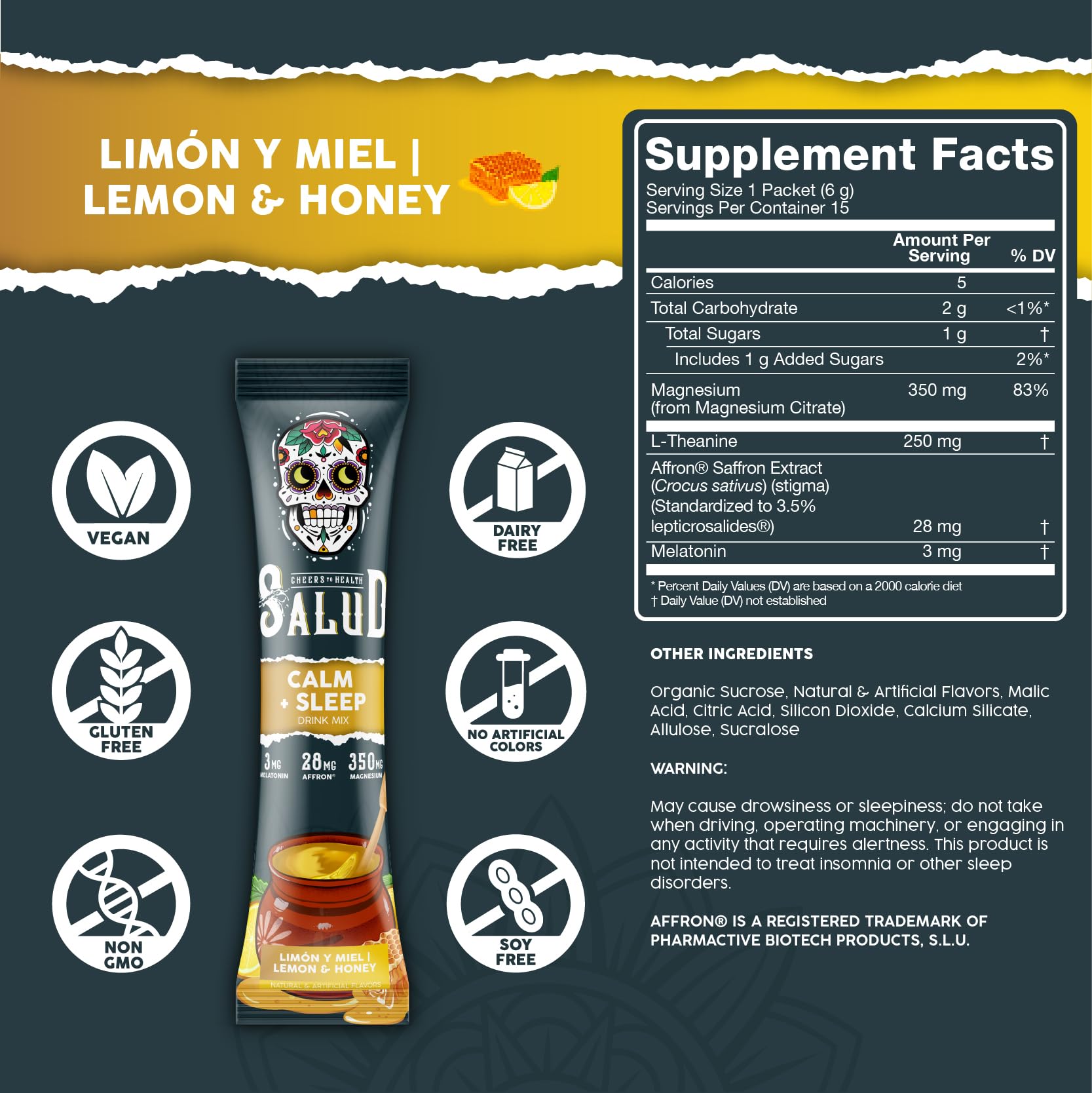 Taste Salud melatonine affron l-theanine, mélange clé pour calme et repos.