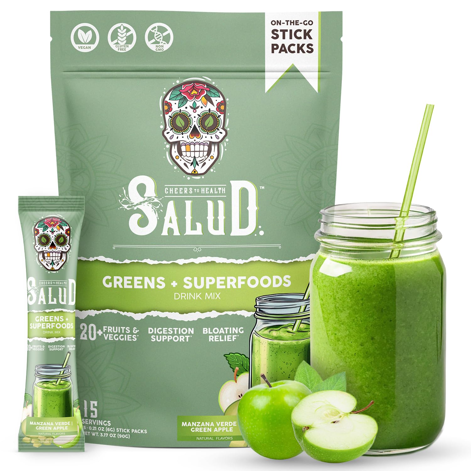 Taste Salud pack-stick vert: dose pratique pour soutenir la digestion en déplacement.