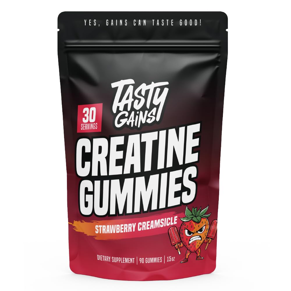 Boîte TASTY GAINS Creatine Gummies 90 g prête pour l'entraînement.
