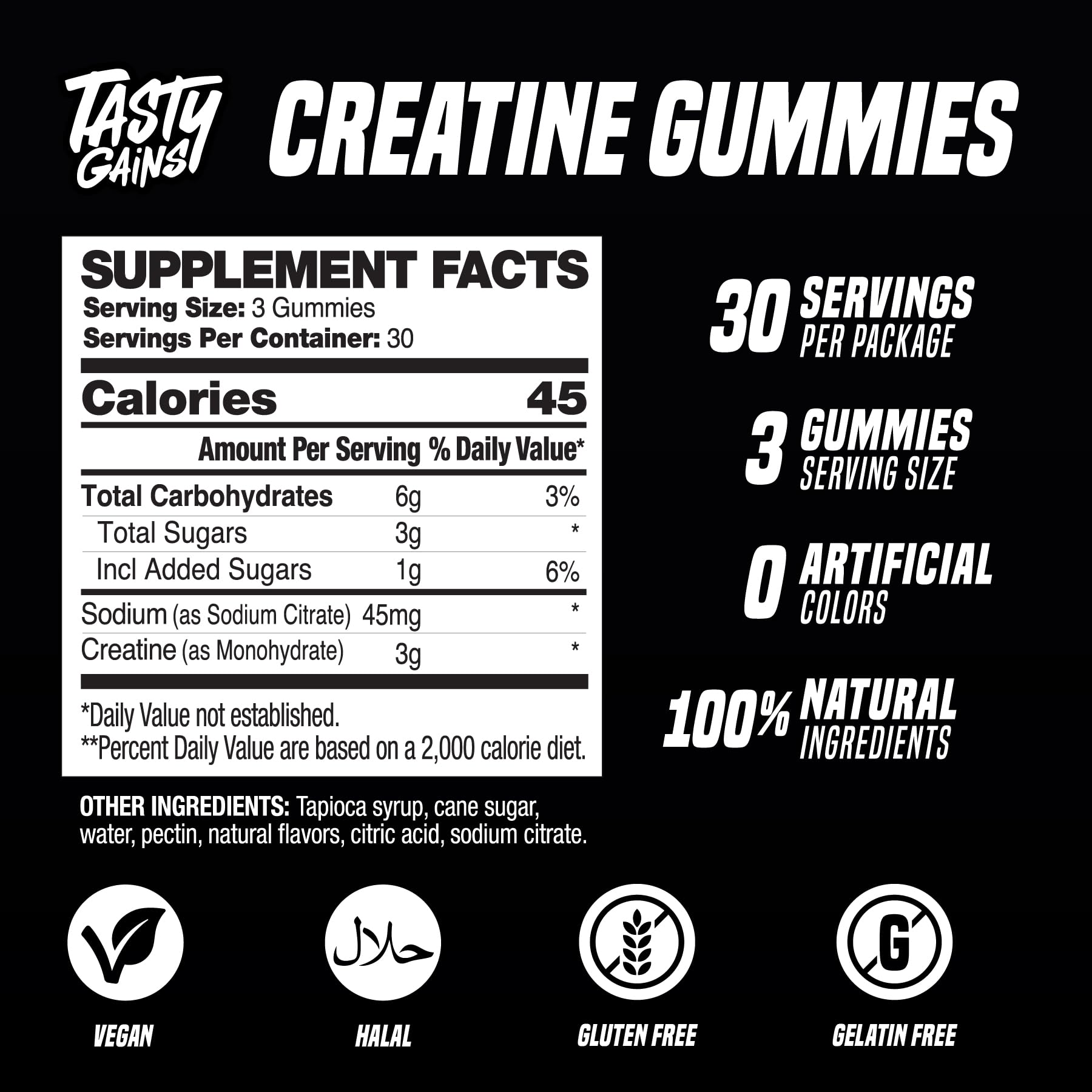 Étiquette nutritionnelle claire des Gummies Creatine TASTY GAINS.