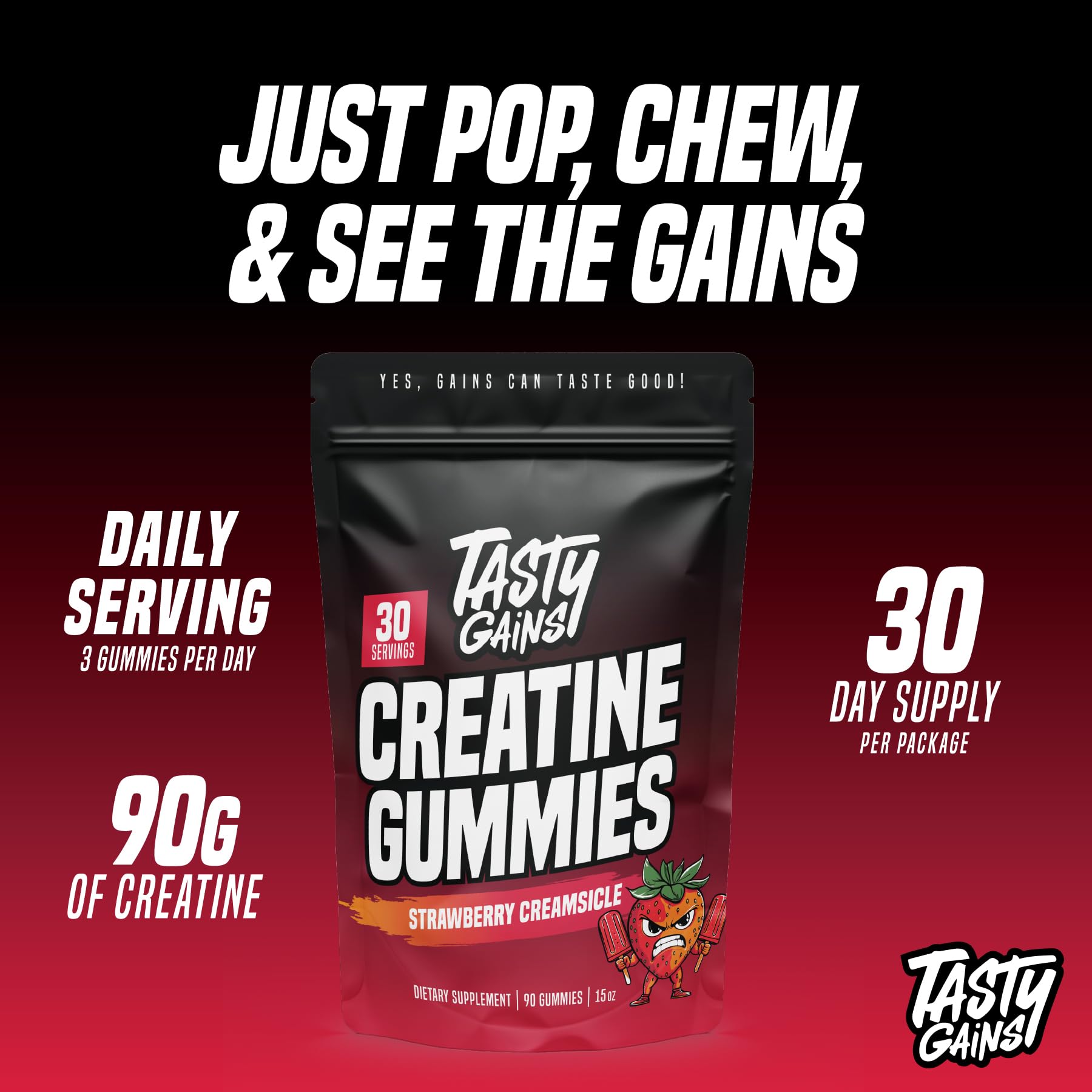 Gommes TASTY GAINS Creatine dans la main, snack pratique avant l'effort.