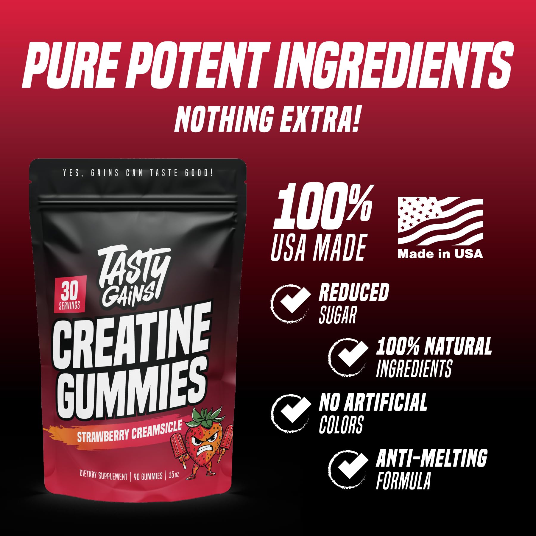 Texture lisse des gummies TASTY GAINS, plaisir fruité sans sucre ajouté.