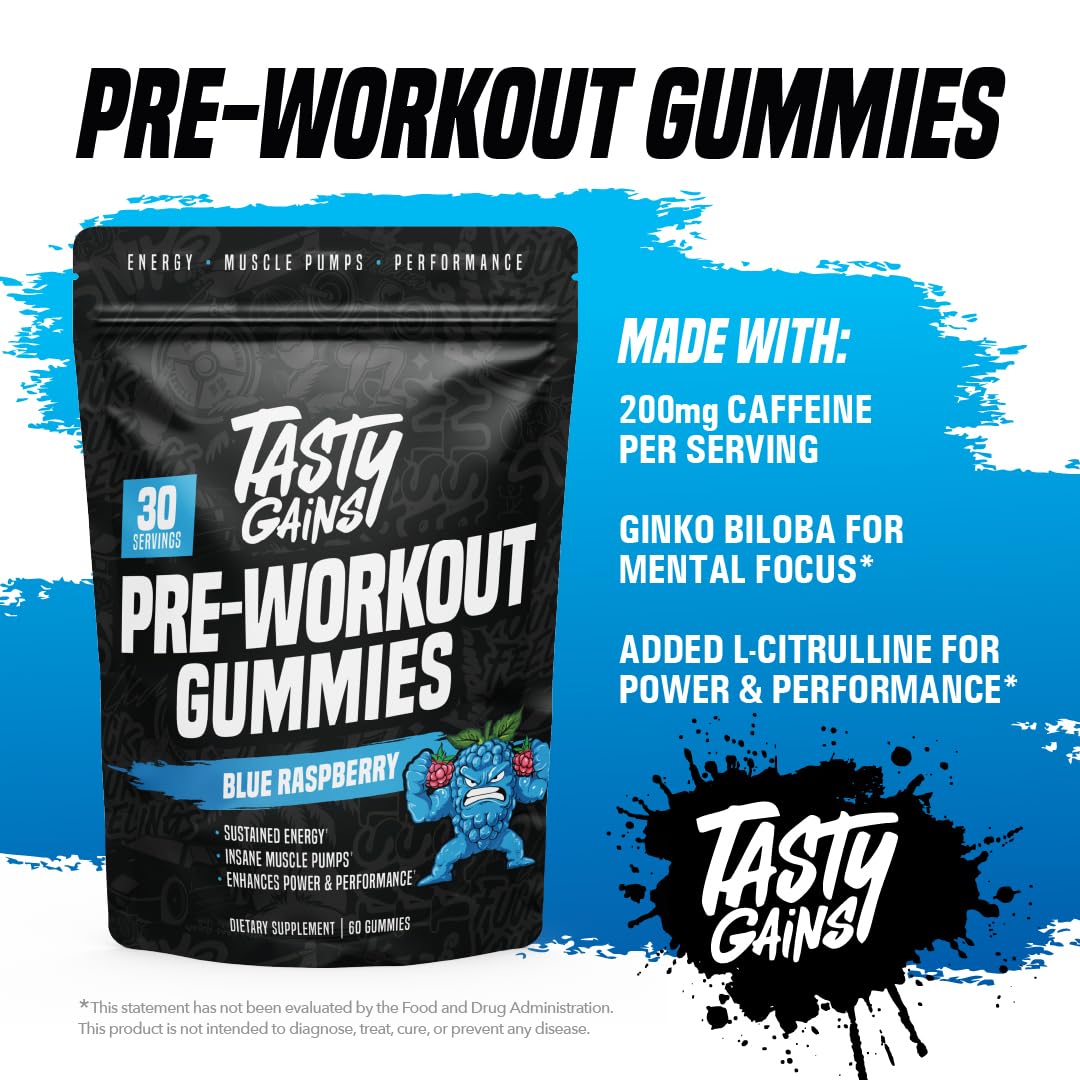 Gamme d'emballage TASTY GAINS pré-entraînement met en valeur la caféine et 200 mg.