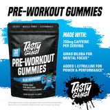 Gamme d'emballage TASTY GAINS pré-entraînement met en valeur la caféine et 200 mg.
