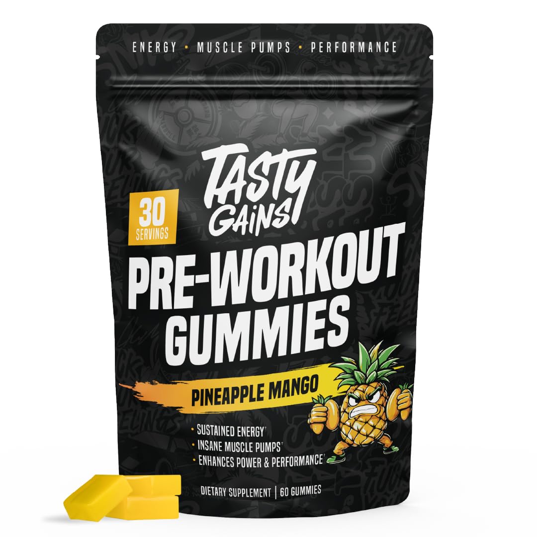 Gommes pré-entraînement TASTY GAINS pour énergie durable et concentration.