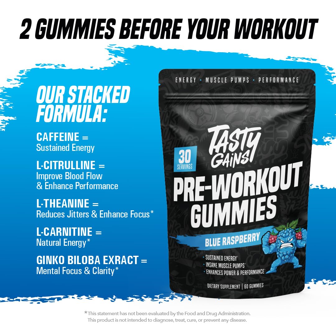 Gommes TASTY GAINS pré-entraînement sans poudre, pratique à emporter.