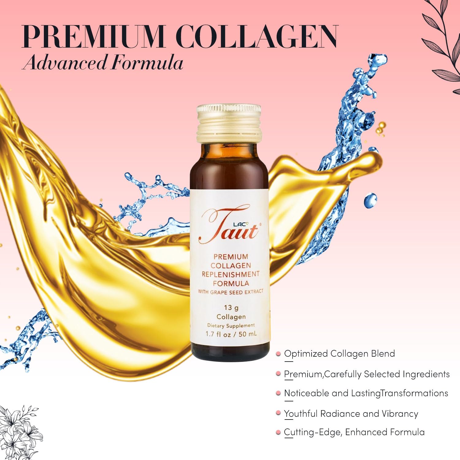 TAUT Collagène Liquide – etiquette-ingredients : hyaluronique et vitamine C pour l'hydratation