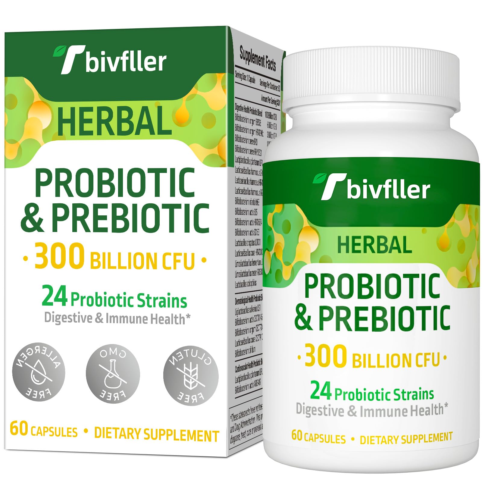 Tbivfller: bouteille de probiotiques 300 milliards CFU soutenant la digestion.