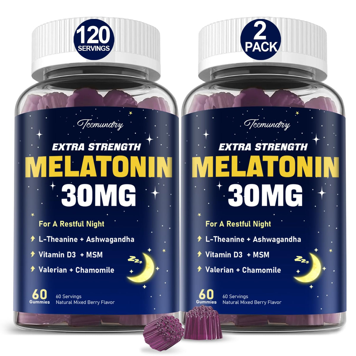 Gomme Tcemundry Mélatonine 30 mg en bouteille, soutien potentiel au sommeil naturel.