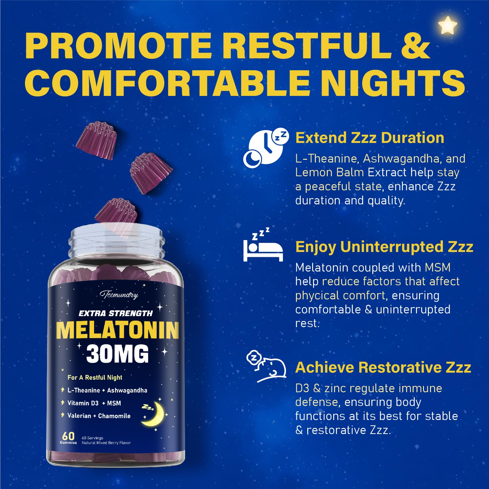Gommes Tcemundry Mélatonine 30 mg – saveur fruits rouges naturels et prise agréable.