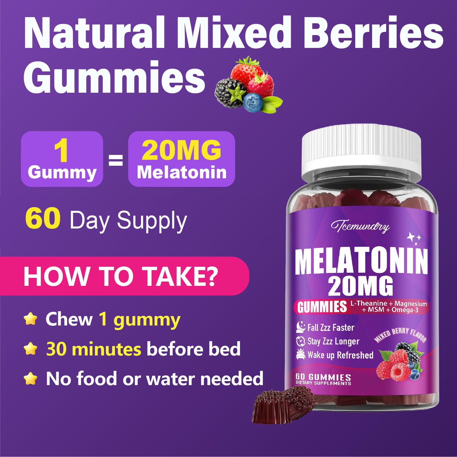 Ingrédients clés visibles sur l'étiquette Tcemundry Mélatonine 20 mg.