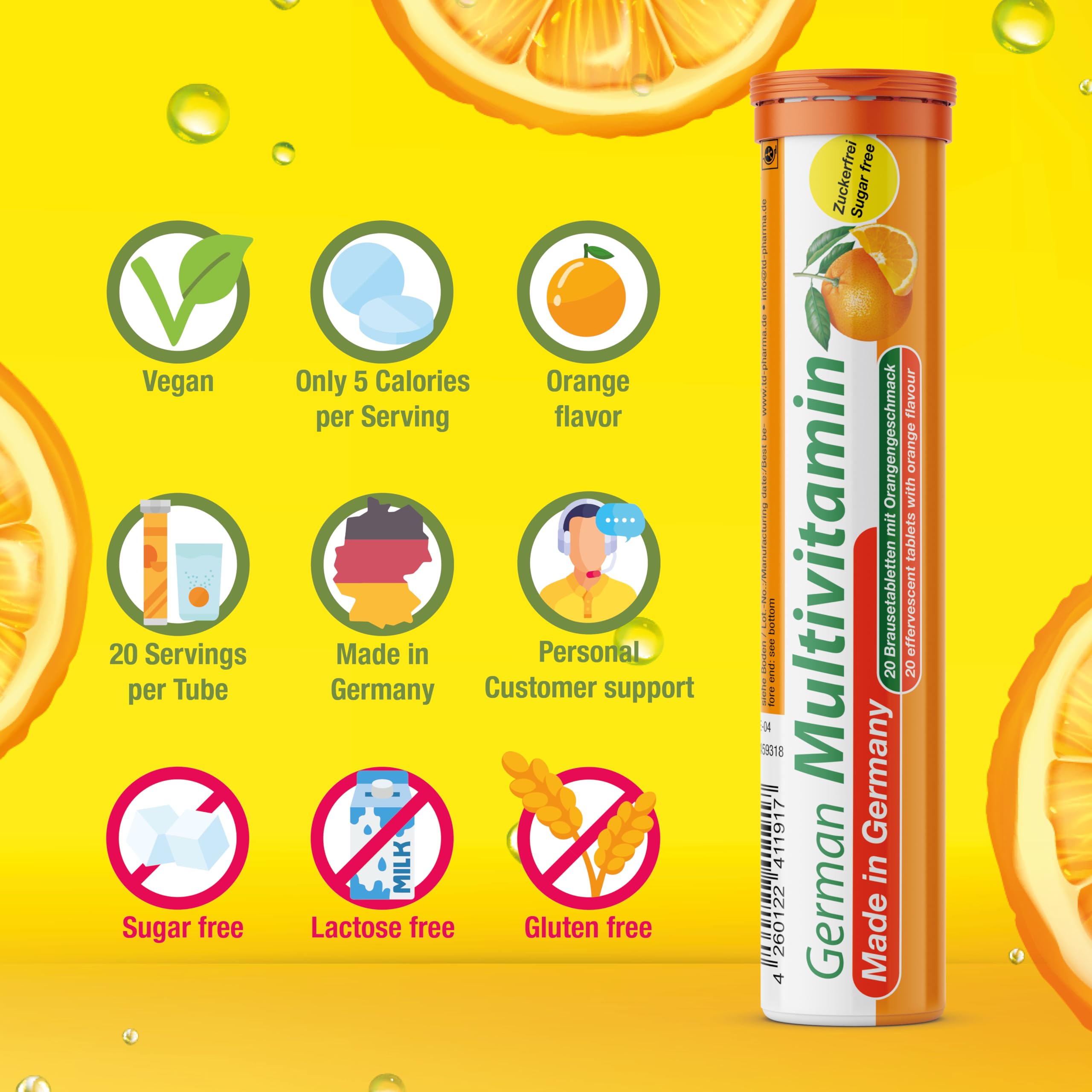 Étiquette Made in Germany sur l’emballage T&D Multivitamine.