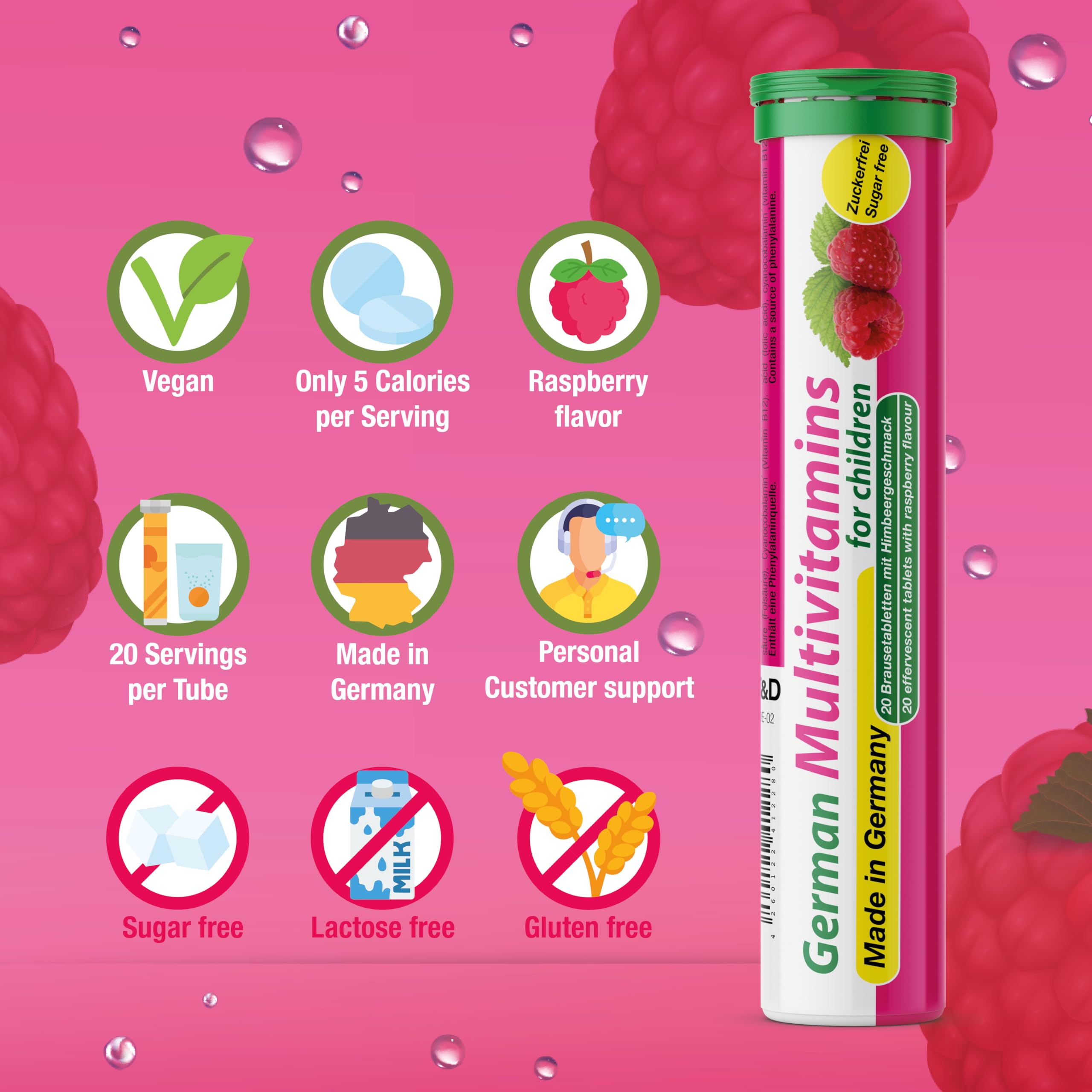 Formule sans sucre, saveur framboise adaptée aux enfants.