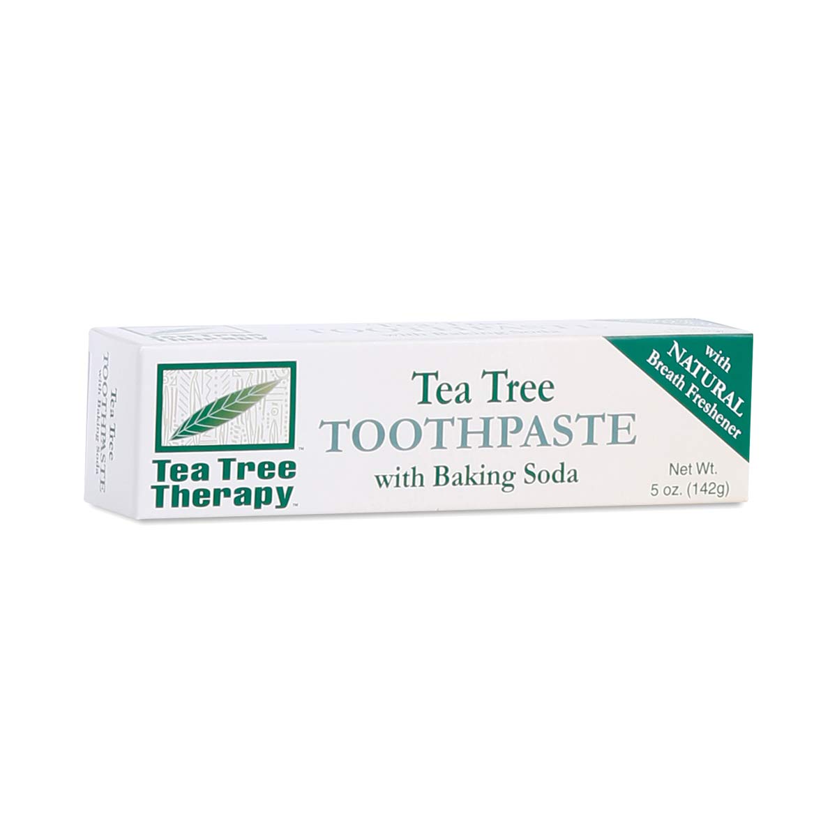 Étiquette du dentifrice Tea Tree Therapy indiquant bicarbonate de soude et utilisation quotidienne