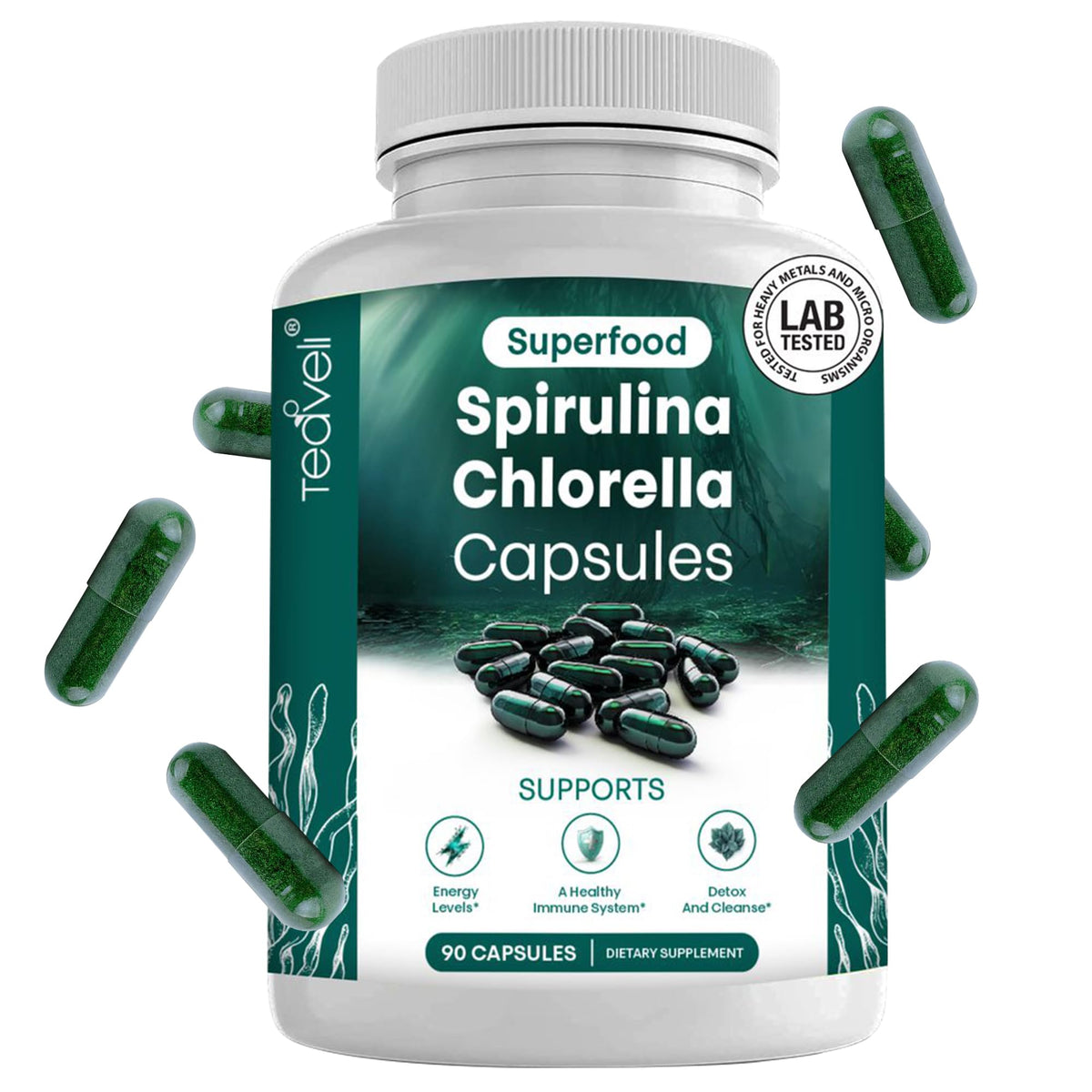 Teaveli: bouteille de gélules spiruline et chlorelle, dosage simplifié pour detox quotidienne.