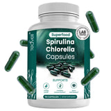 Teaveli: bouteille de gélules spiruline et chlorelle, dosage simplifié pour detox quotidienne.