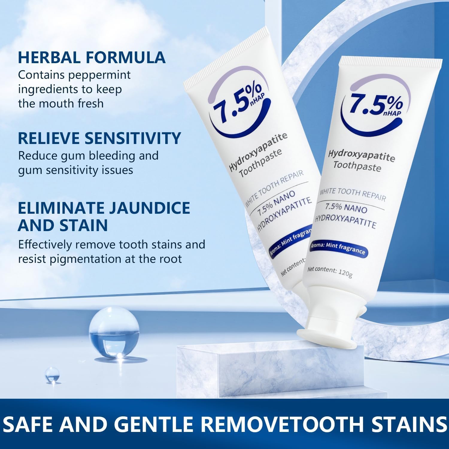 Tebazoew dentifrice hydroxyapatite, menthe douce pour haleine fraîche après brossage.