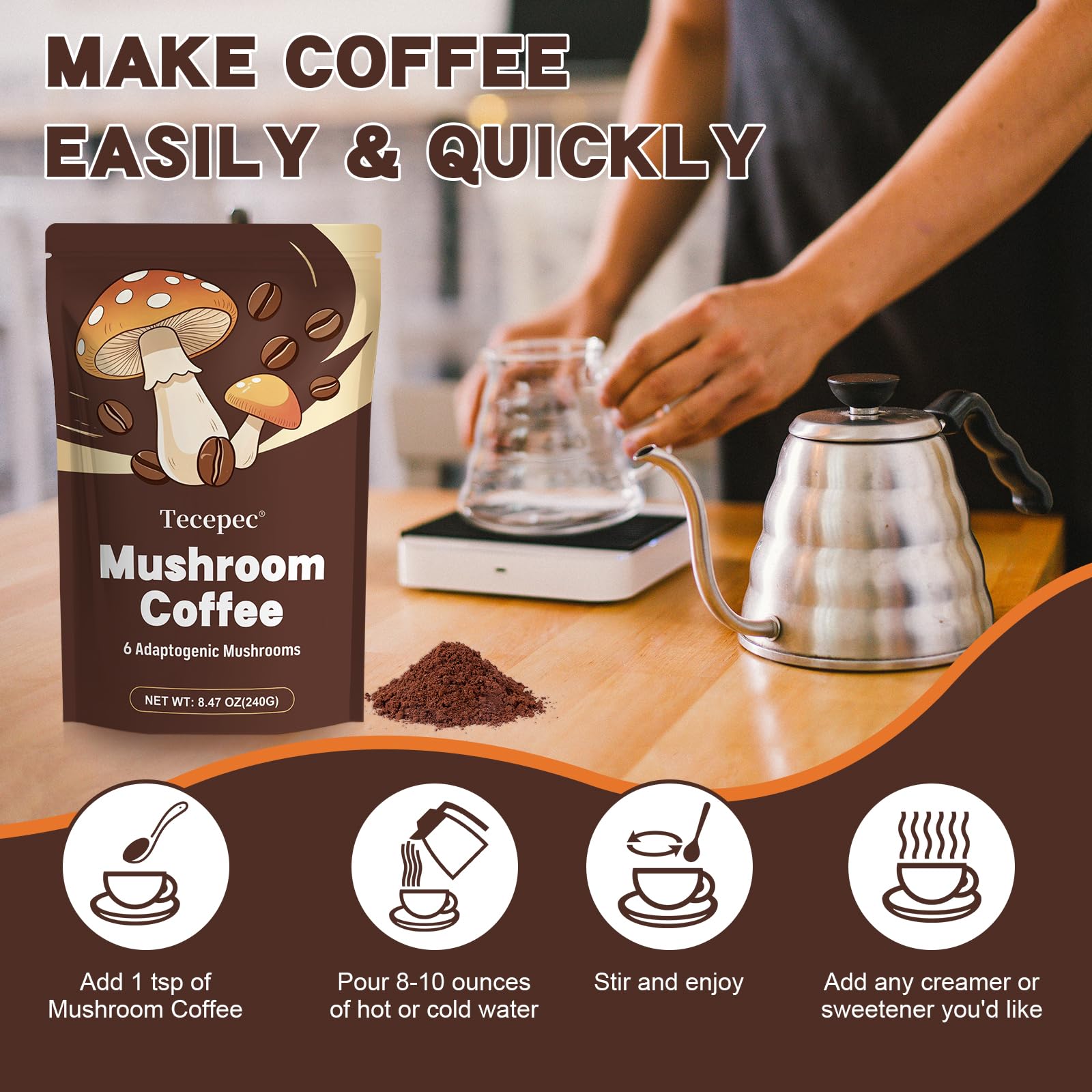 Tecepec Café champignons sans tremblements: expérience café plus stable.