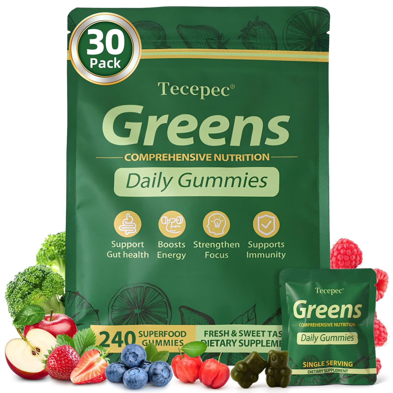 Tecepec Gommes Verts Quotidiennes, bouteille pratique pour l'apport quotidien.