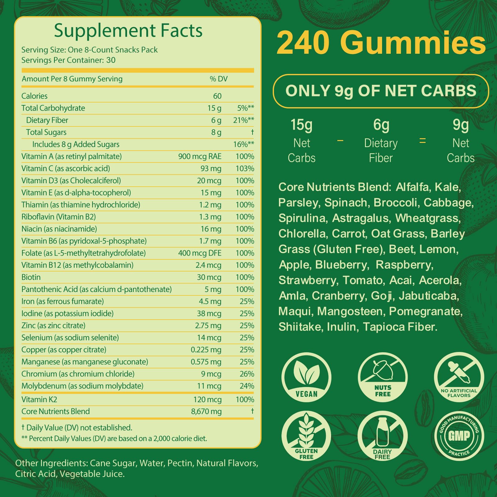 Tecepec Gommes Verts Quotidiennes, spiruline et chlorelle visibles dans la formule.