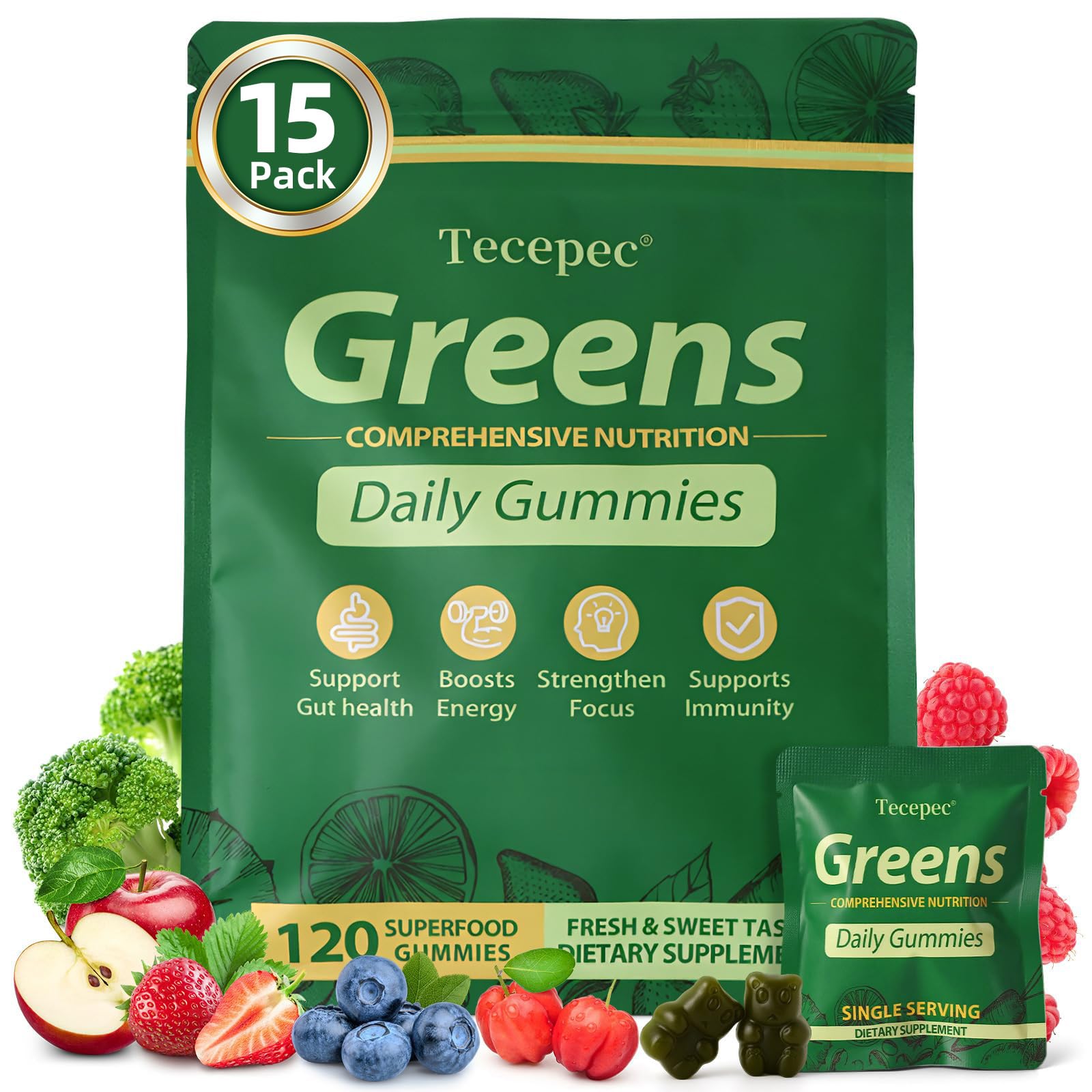 Tecepec Greens Daily Gummies – boîte verte, énergie durable et bien-être quotidien.