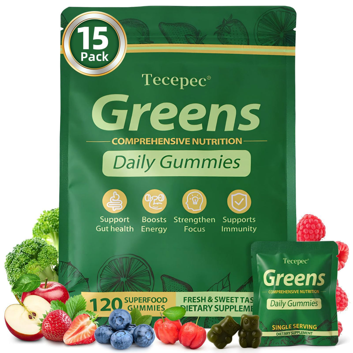 Tecepec Greens Daily Gummies – boîte verte, énergie durable et bien-être quotidien.