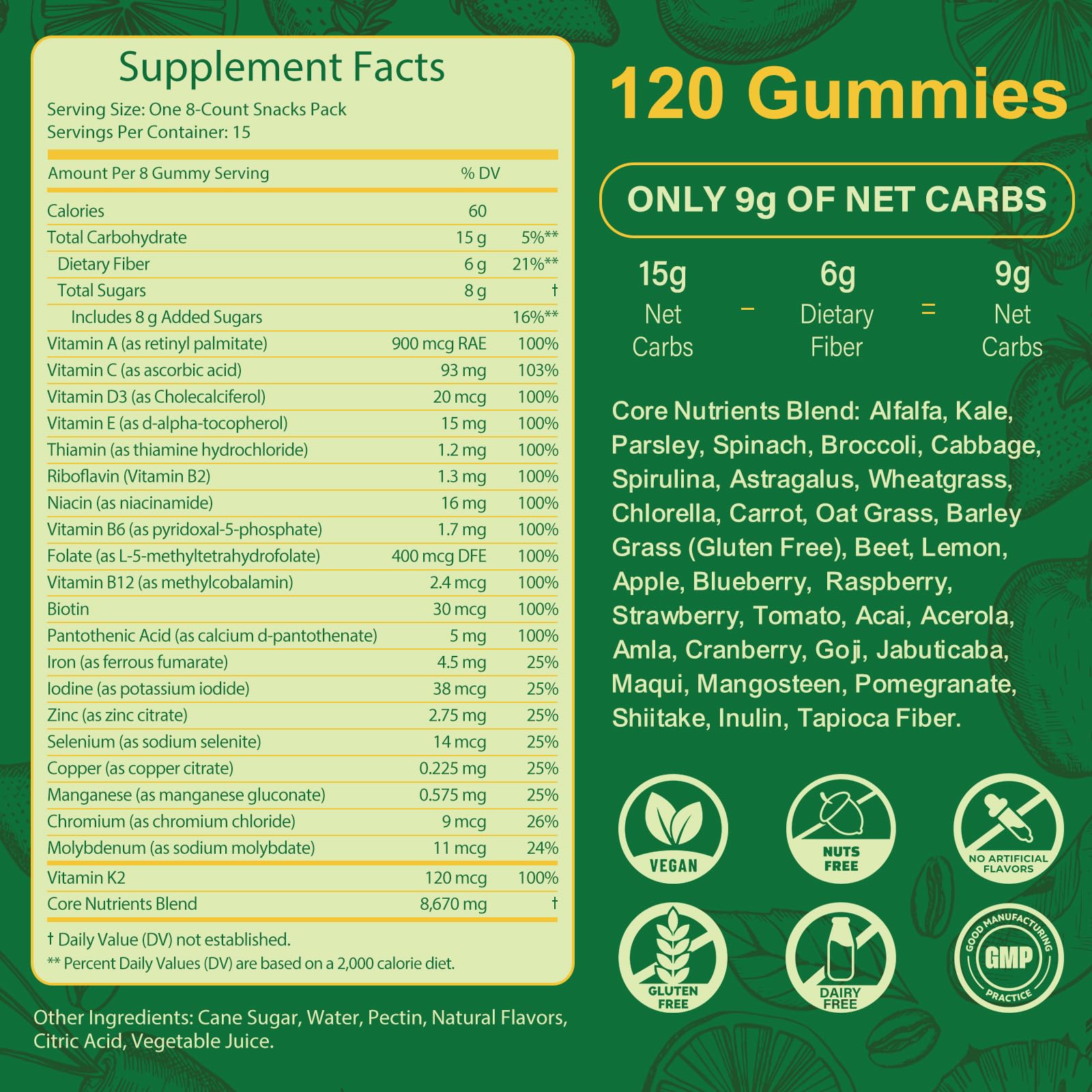 Tecepec Greens Daily Gummies – prébiotiques et fibres, soutien digestif quotidien.
