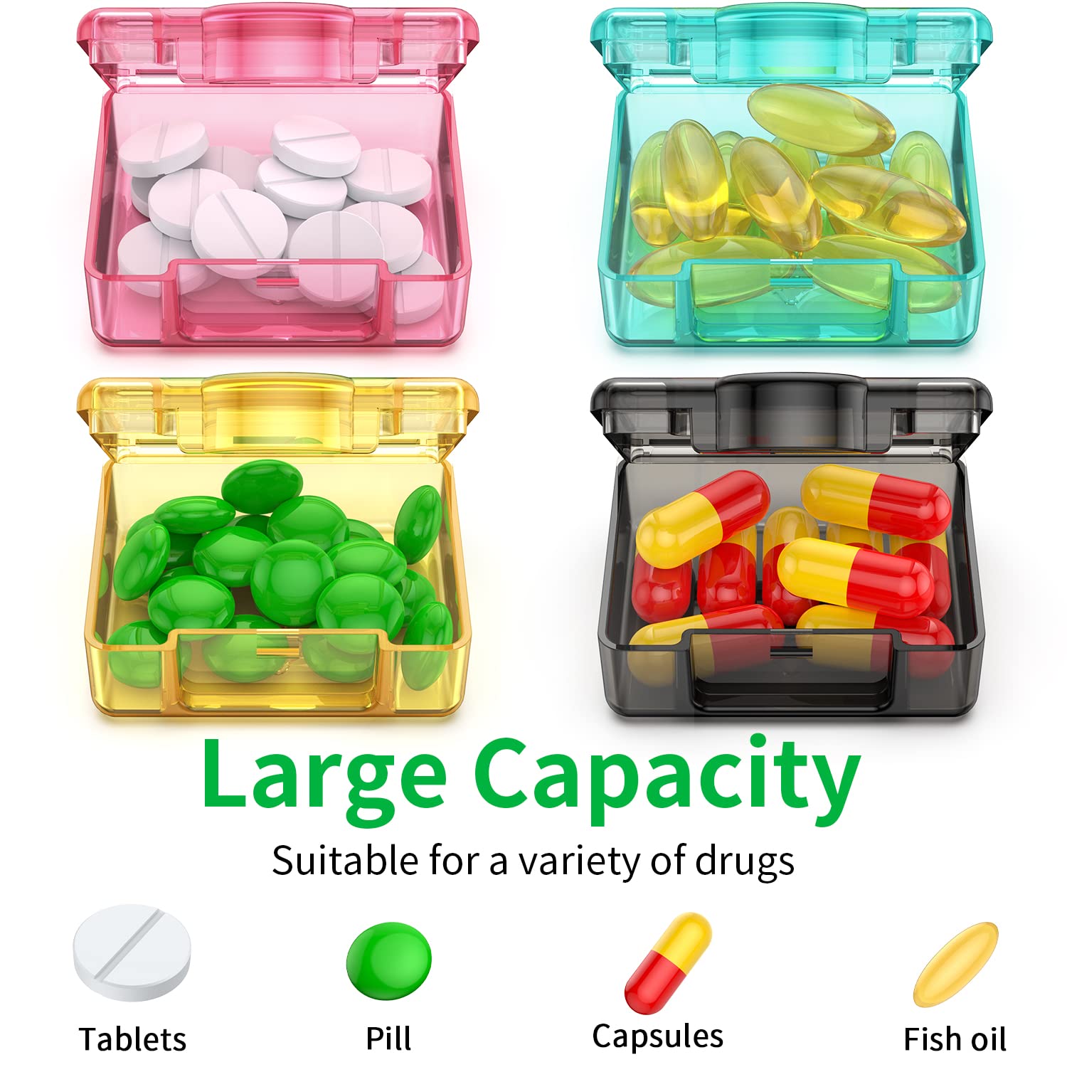 TecQach boîte pilules 8 compartiments, rangement organisé pour différents compléments.