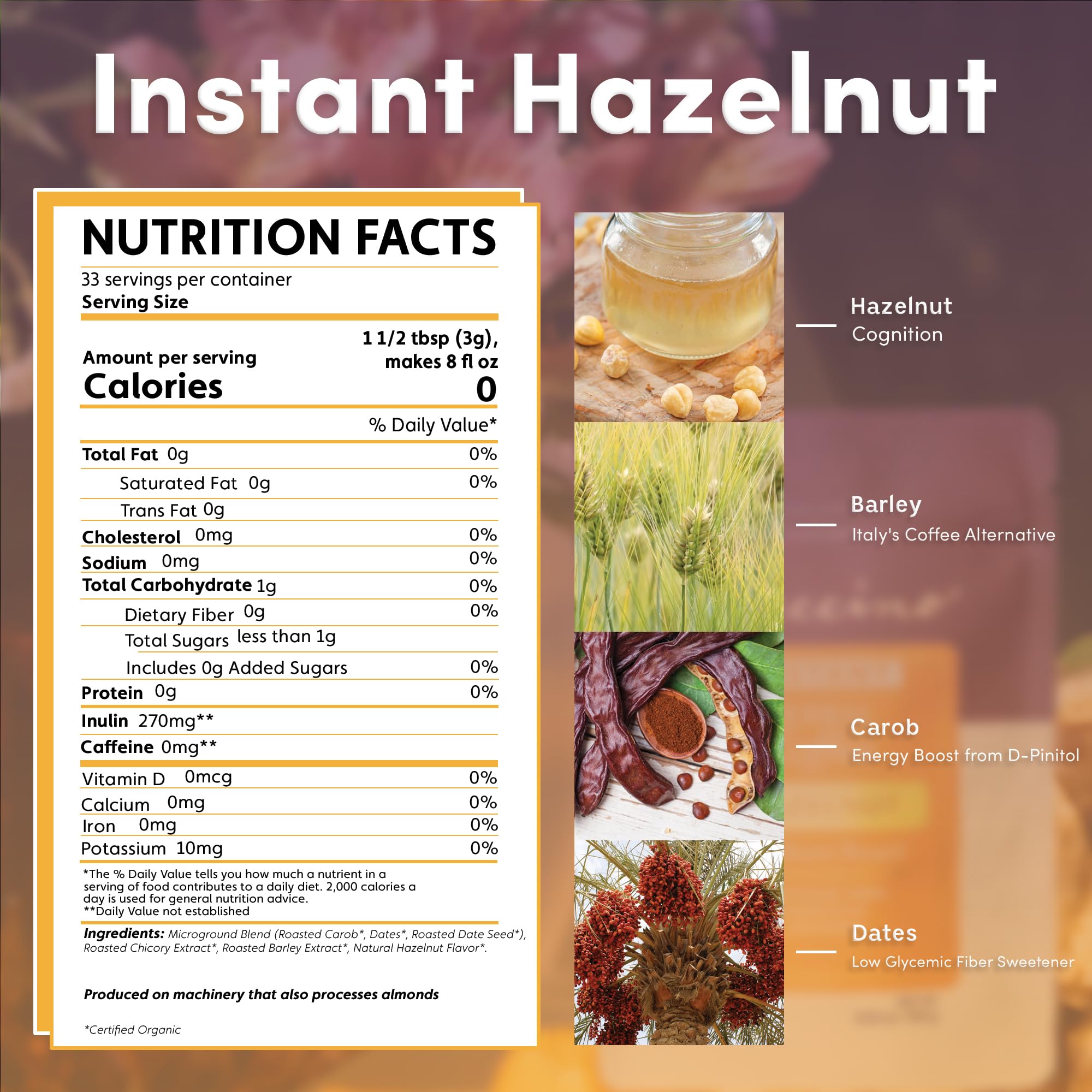 Teeccino Hazelnut Instant — tasse chaude pour une énergie douce sans caféine.
