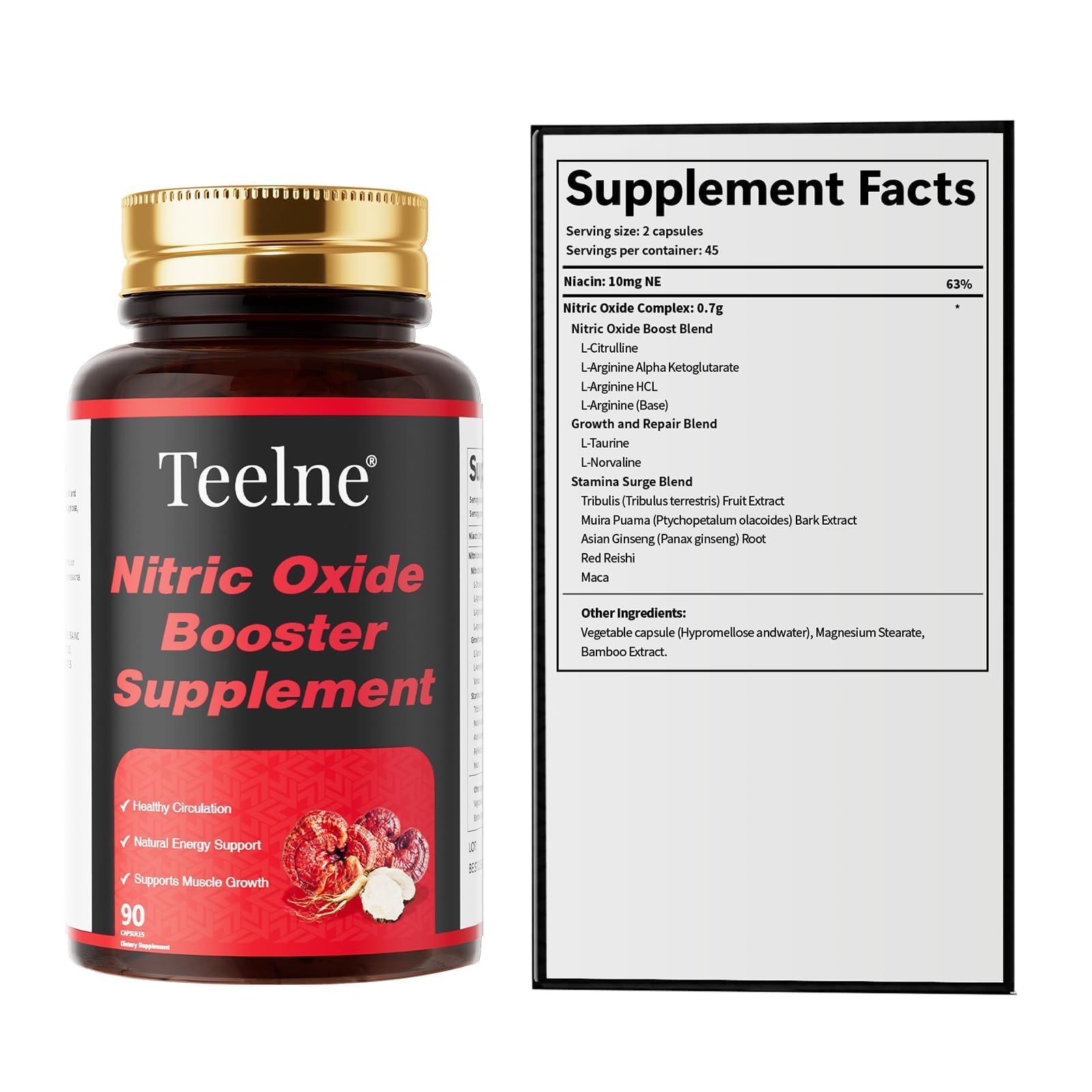 Teelne Nitric Oxide Booster, boîte 90 capsules prête à durer 45 jours