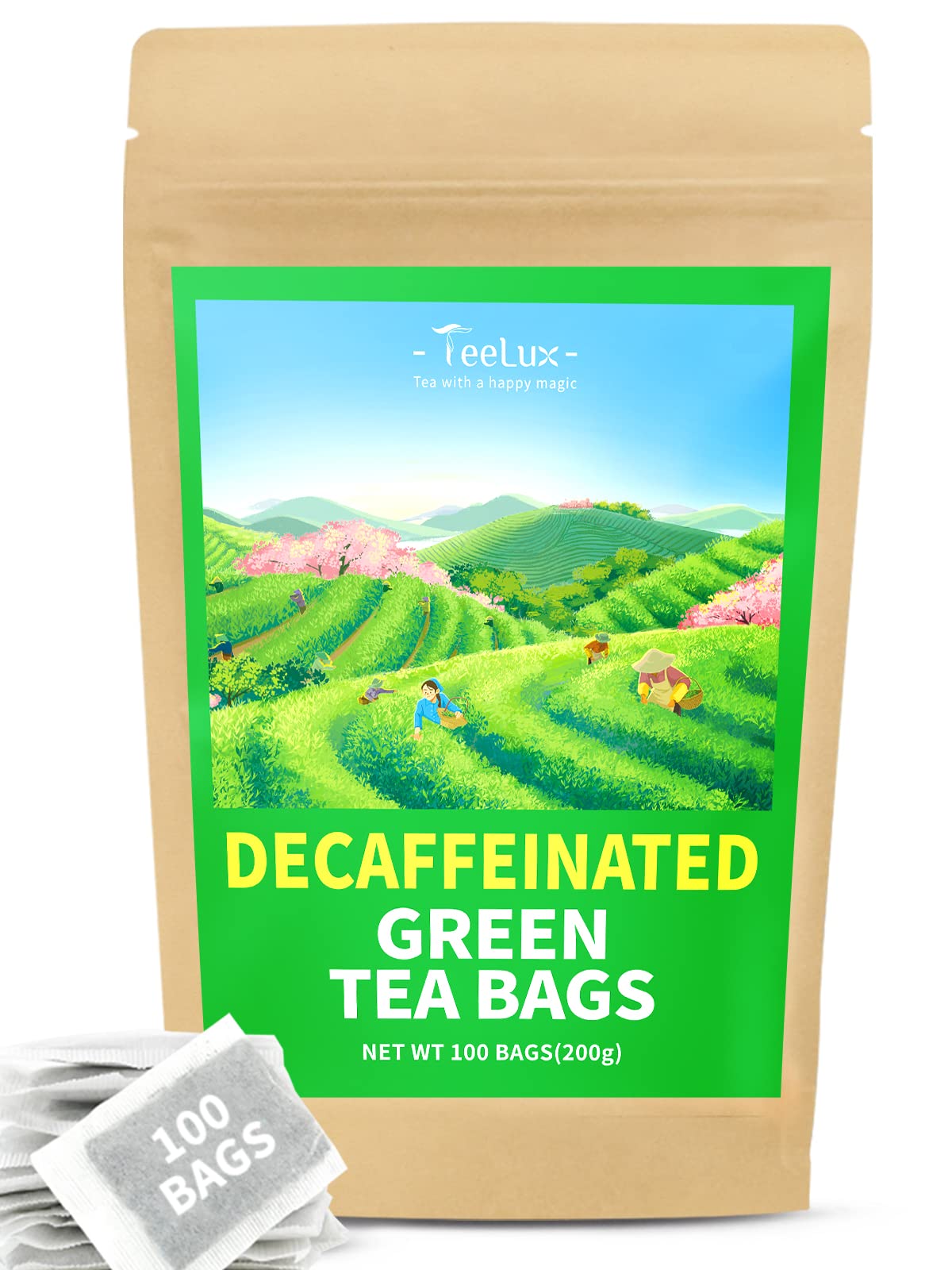 TeeLux thé vert décaféiné en sachets, pack pratique pour toute la journée.
