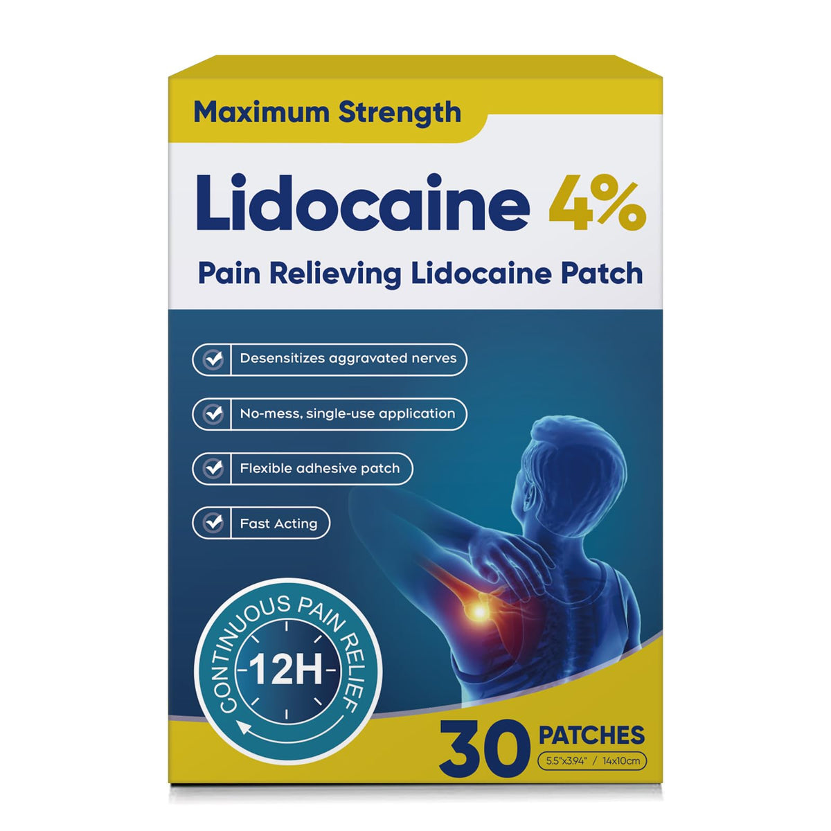Patch Teemofe à 4% lidocaïne pour relief ciblé des épaules.