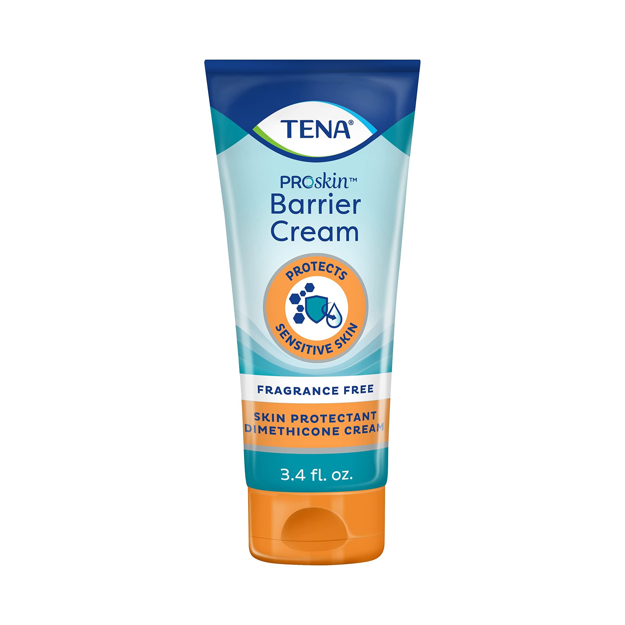TENA Crème Barrière sans parfum, bouteille 3-4 oz, hydratation légère et protection cutanée.