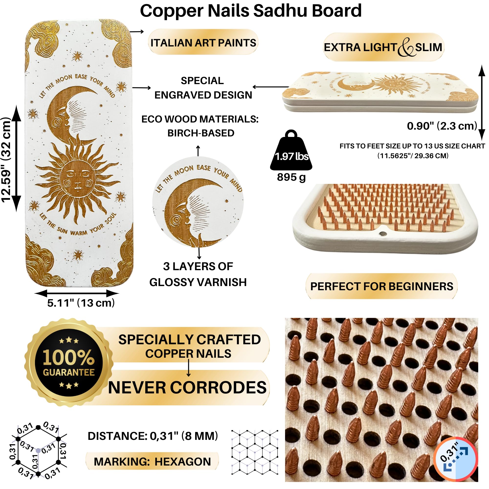 Détail des clous cuivre de la TENGRY Sadhu Board pour une expérience sensorielle.