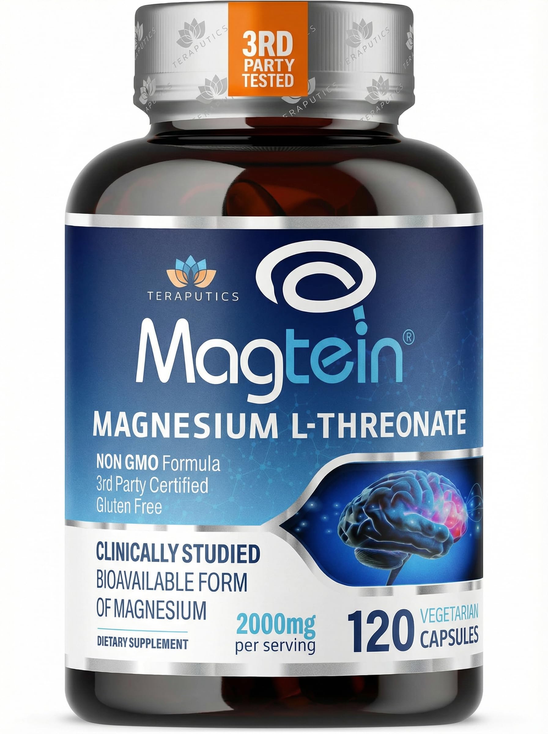 Teraputics Magtein, bouteille montrant le complément pour le soutien potentiel de la mémoire et de la cognition.