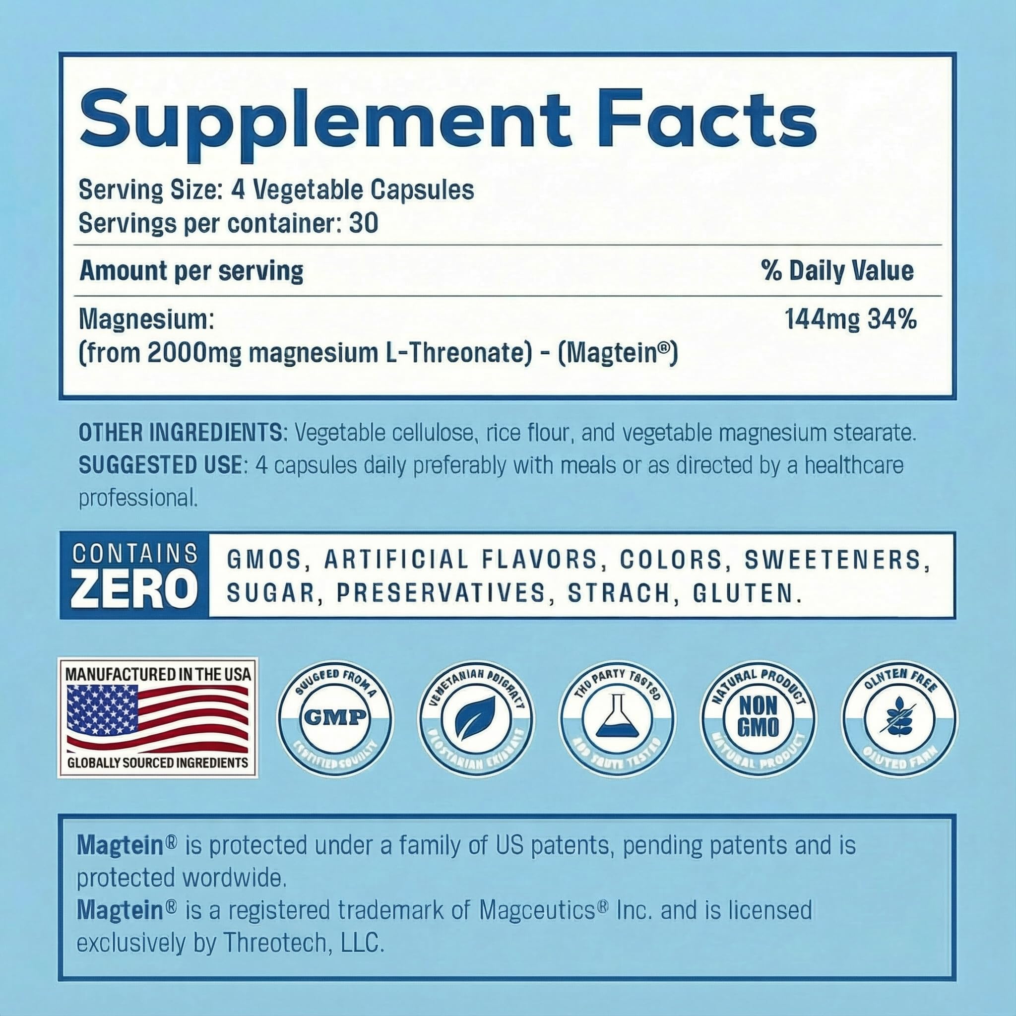Teraputics Magtein: tableau nutritionnel présentant les informations clés du produit.