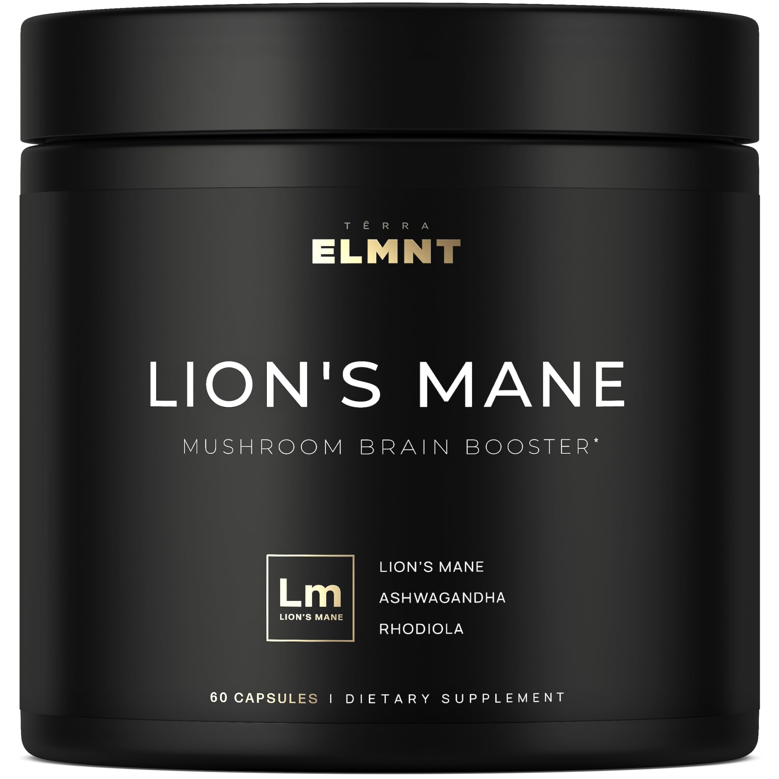 TERRA ELMNT criniere-de-lion capsules dans bouteille, soutien potentiel à la concentration.