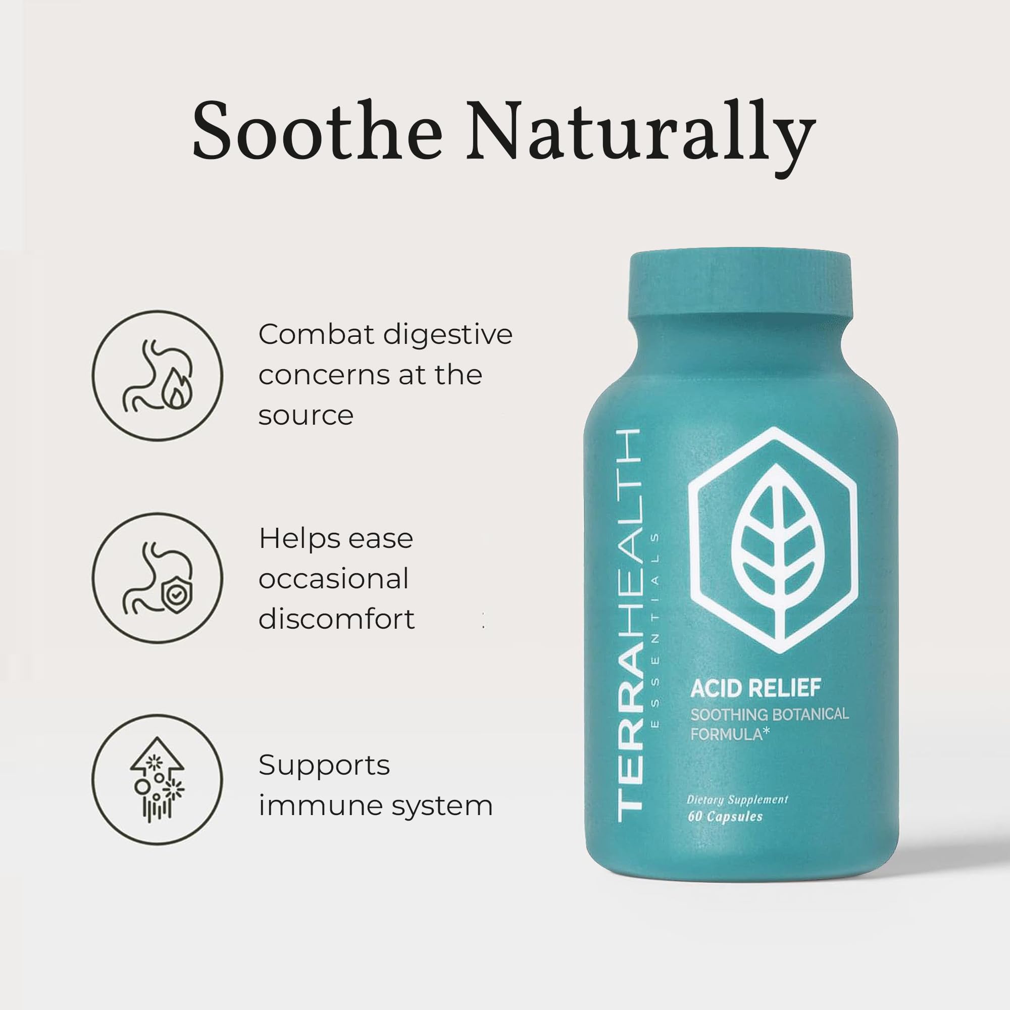 Terra Health Acid Relief: étiquette claire pour comprendre les ingrédients et les usages.
