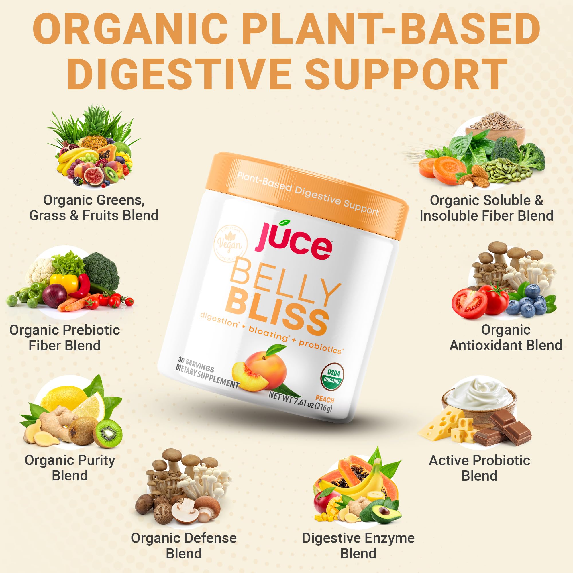 Fruits et légumes frais présents dans Júce Belly Bliss pour votre énergie.