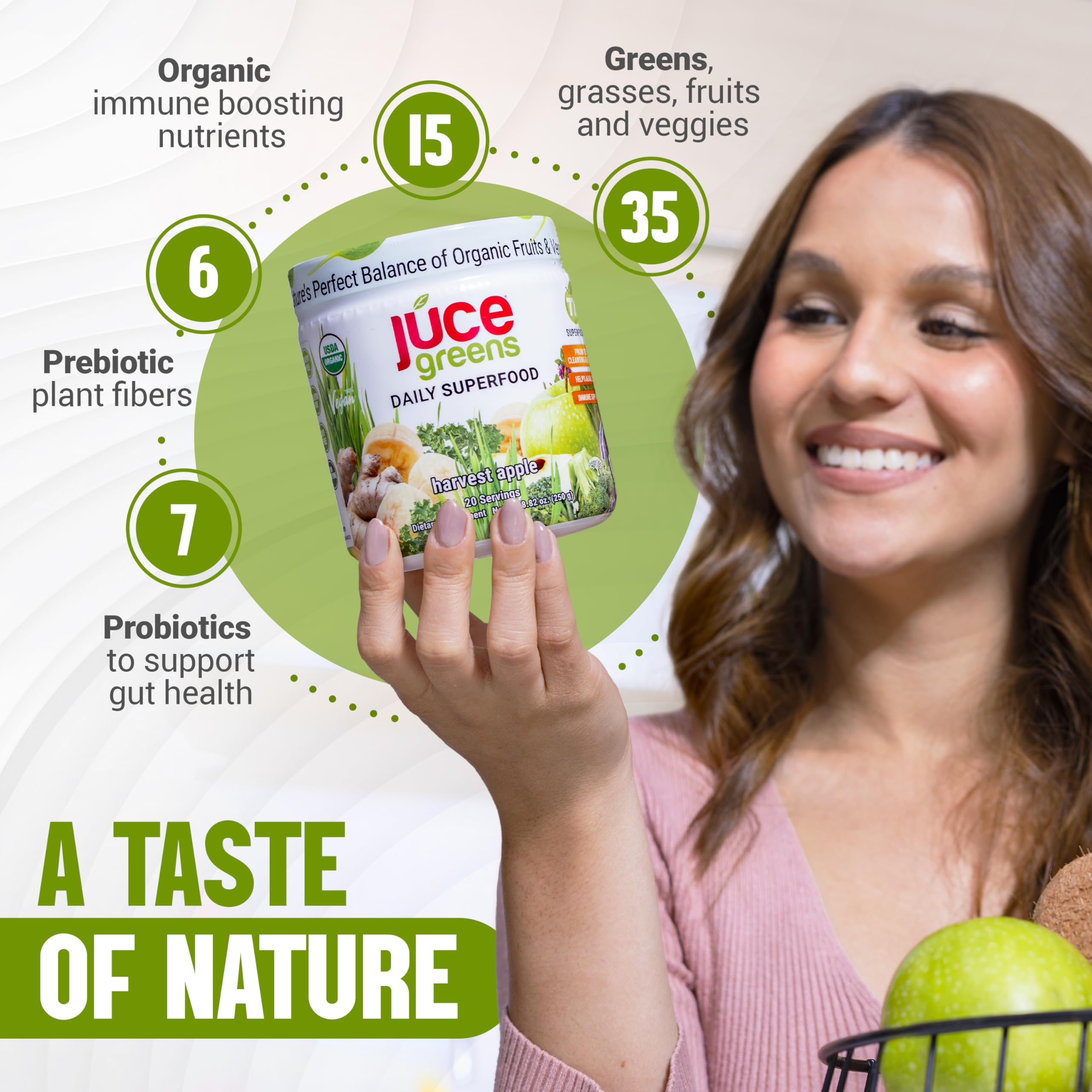 Terra Kai Organics JuCE Green Superfood Saveur Pomme, poudre au goût fruité pour boissons nutritives.