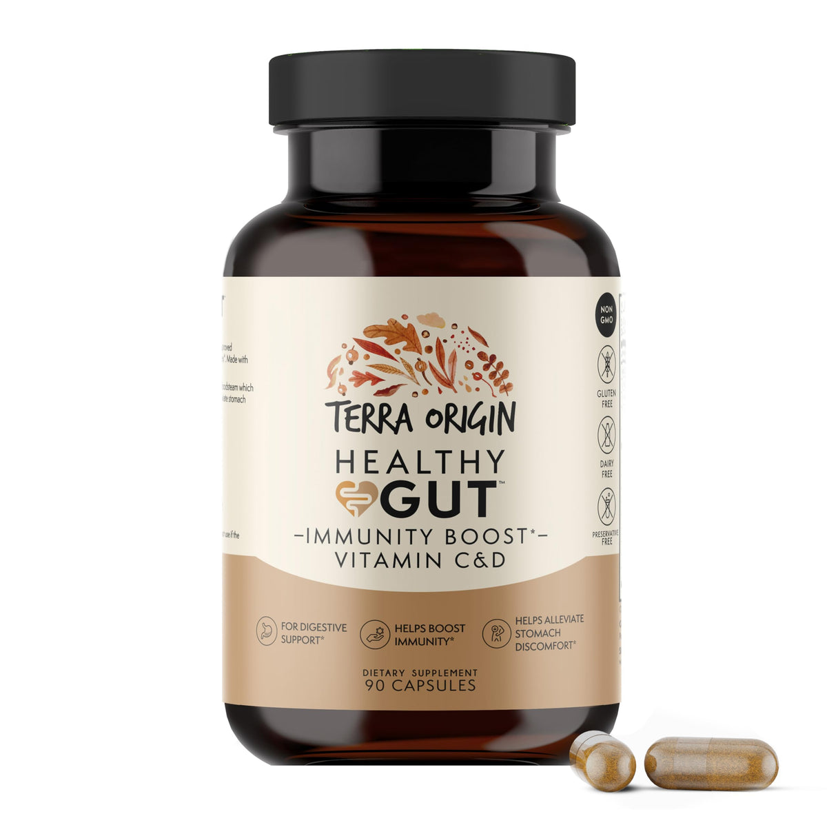 Capsules Terra Origin pour intestin sain en bouteille, soutien digestif potentiel