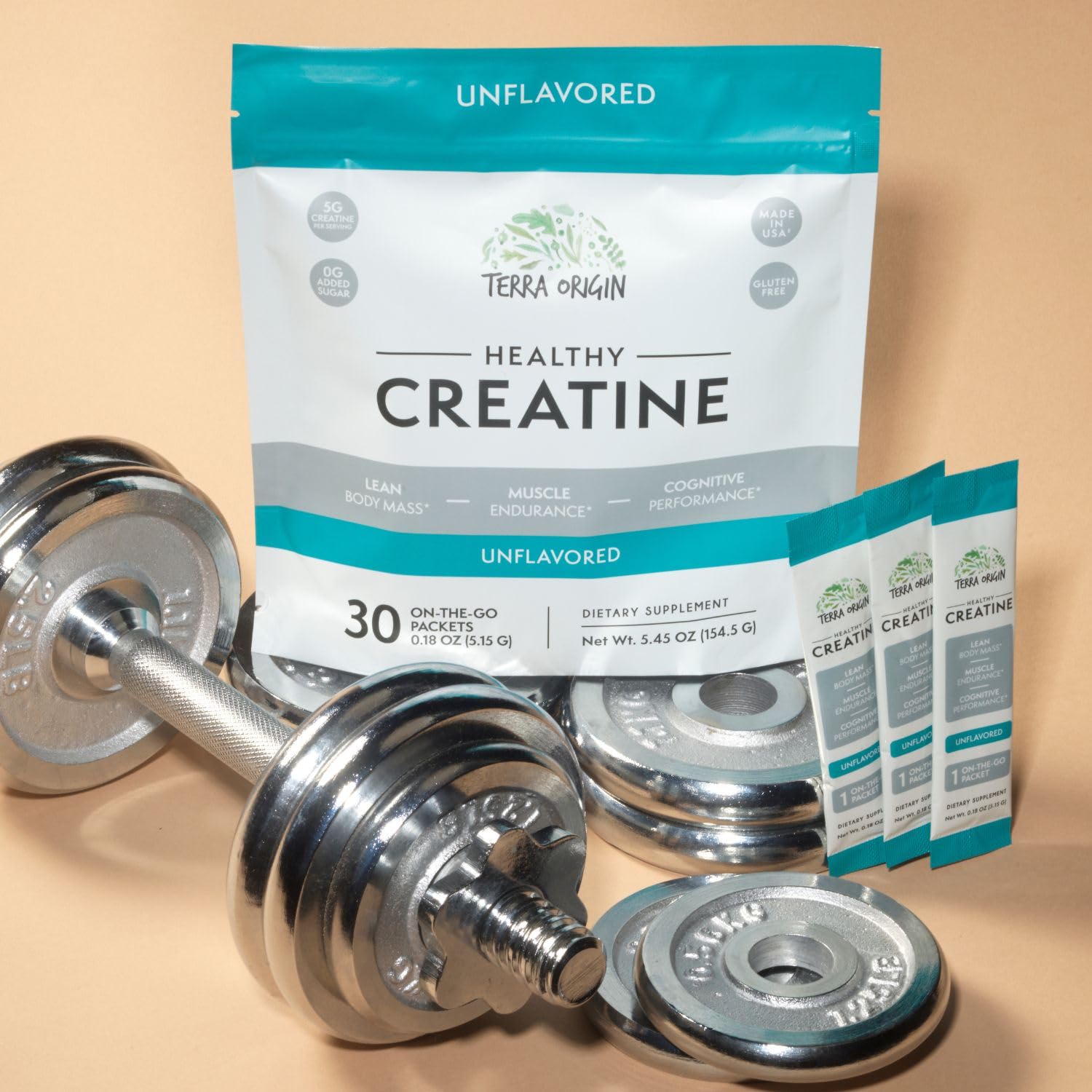 Produit sans gluten Terra Origin Creatine micronisée, adapté à certains régimes.