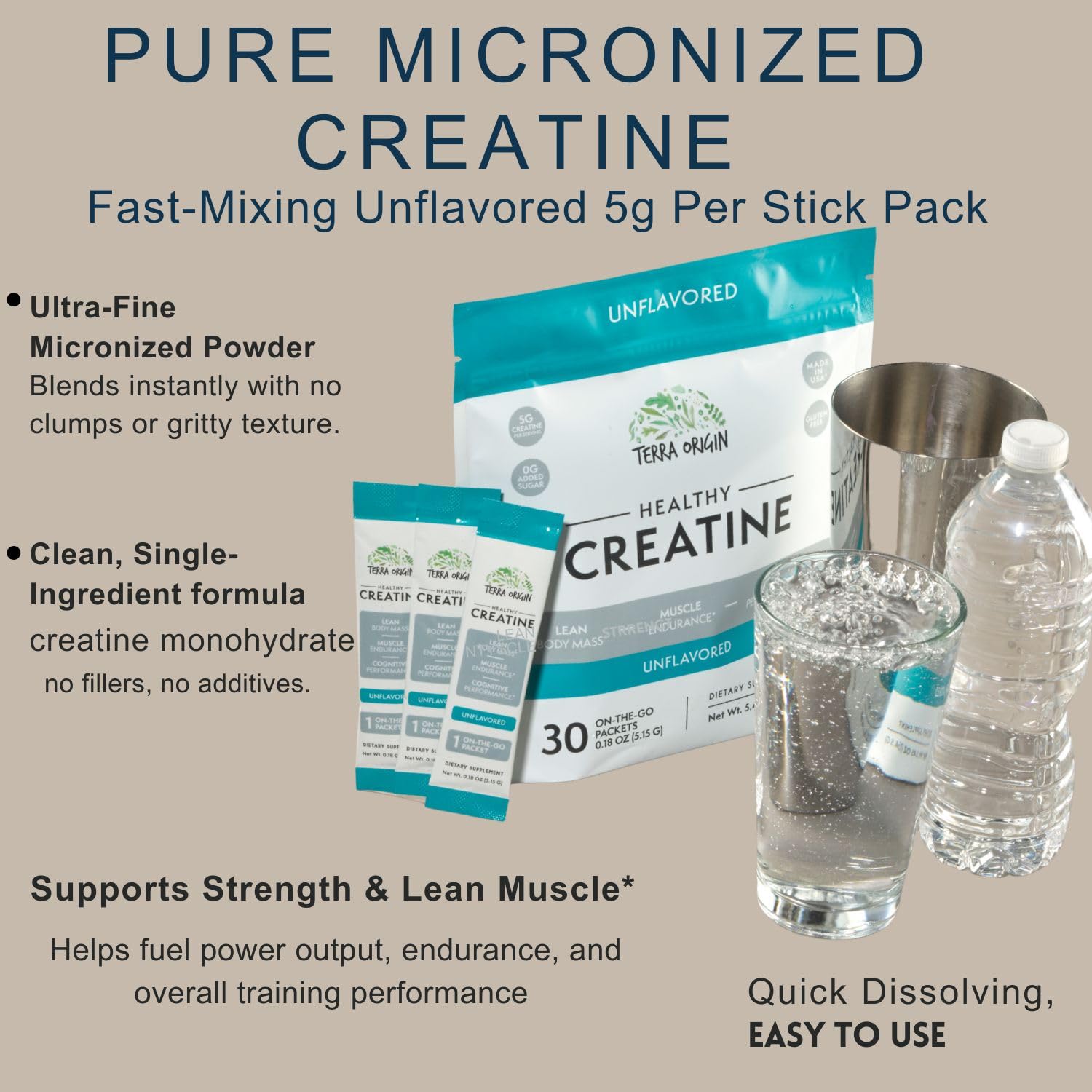 Utilisation quotidienne de Terra Origin Creatine micronisée, sans gluten ni sucre ajouté.