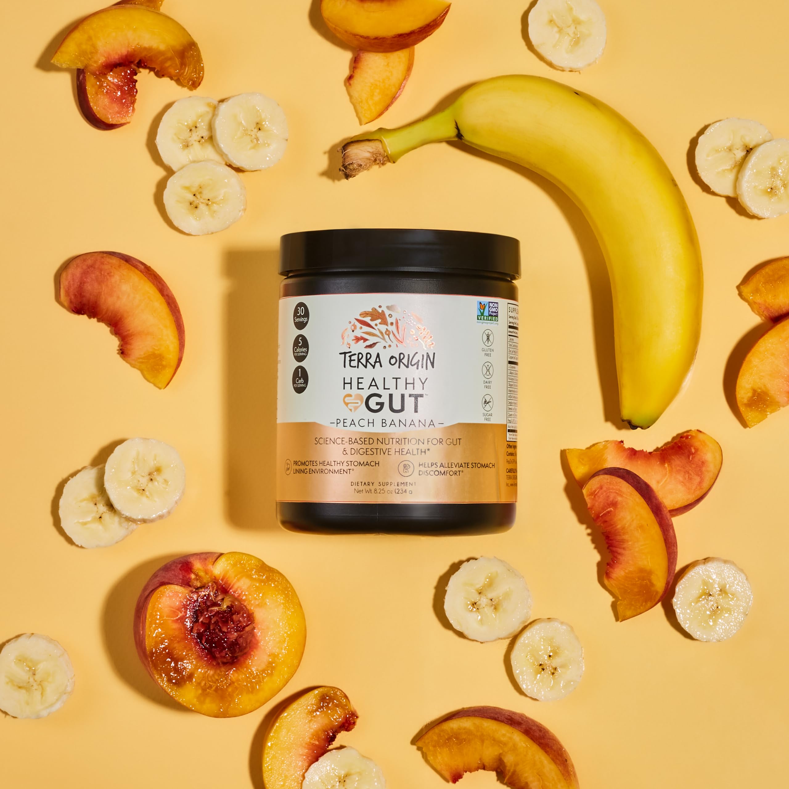 Flacon Terra Origin Healthy Gut avec étiquette claire et informative.