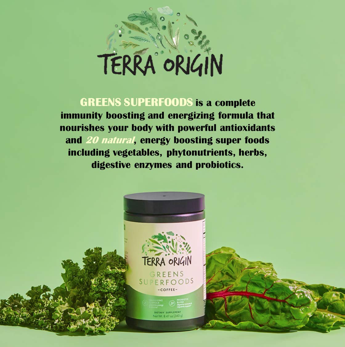 TERRA ORIGIN Greens Blend étiquette: sans OGM, sans gluten et végan.