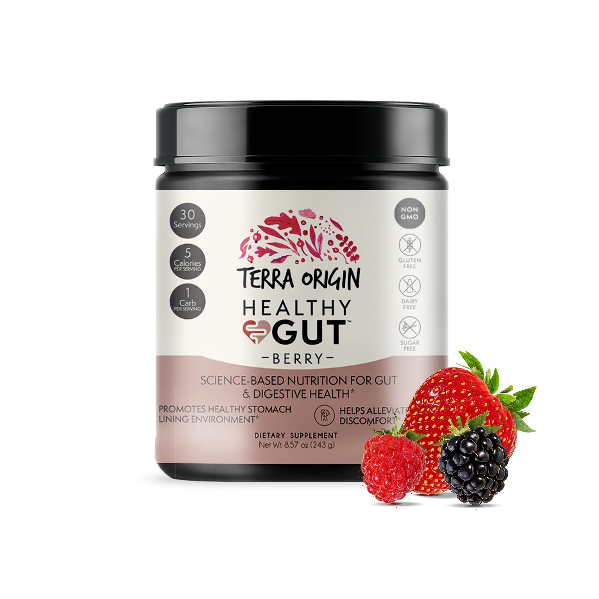 Poudre Terra Origin Healthy Gut au goût framboise prête à être mélangée pour une digestion potentiellement plus confortable.