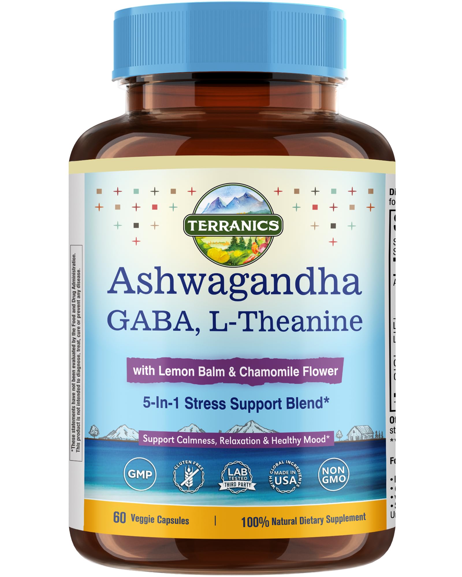 Terranics Ashwagandha L-Theanine, bouteille, favorise le calme au quotidien.