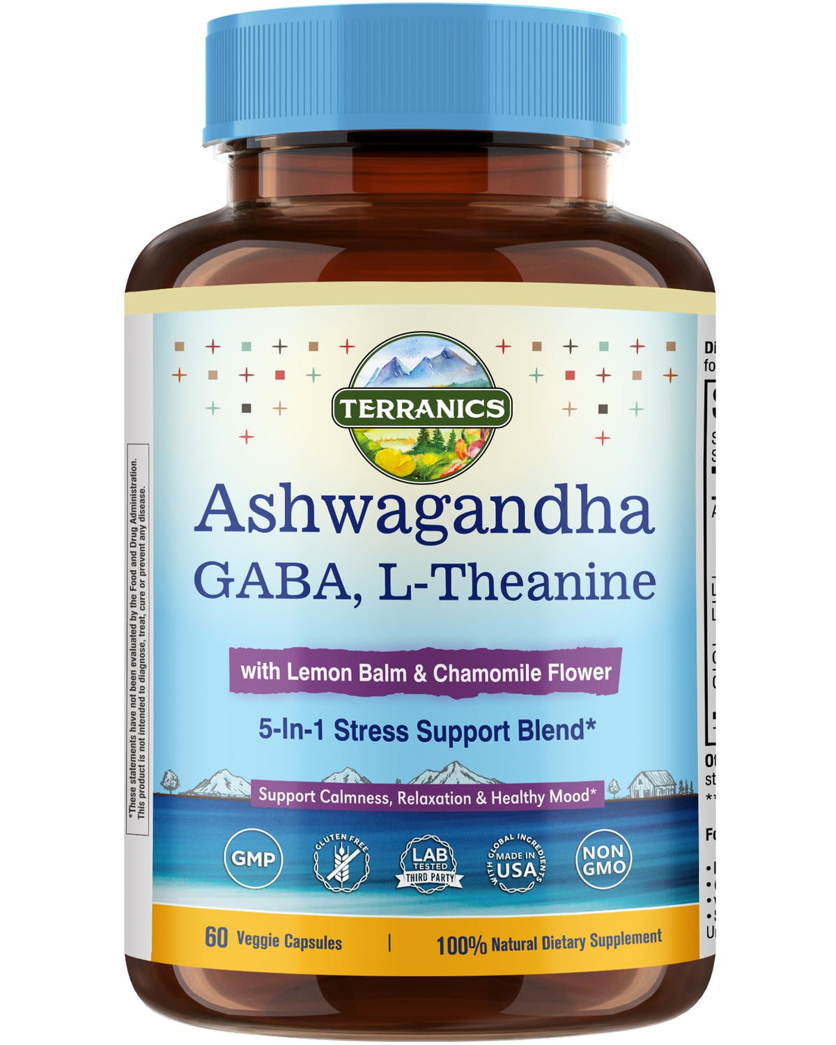Terranics Ashwagandha L-Theanine, bouteille, favorise le calme au quotidien.
